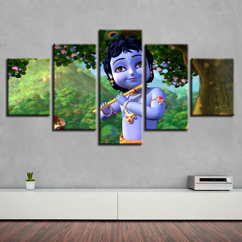 Little Krishna Painting 5 Piece HD Multi Panel Canvas Wall Art Frame-Original Frame