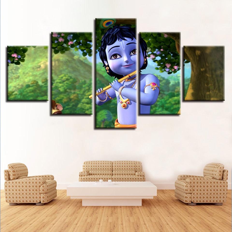 Little Krishna Painting 5 Piece HD Multi Panel Canvas Wall Art Frame-Original Frame