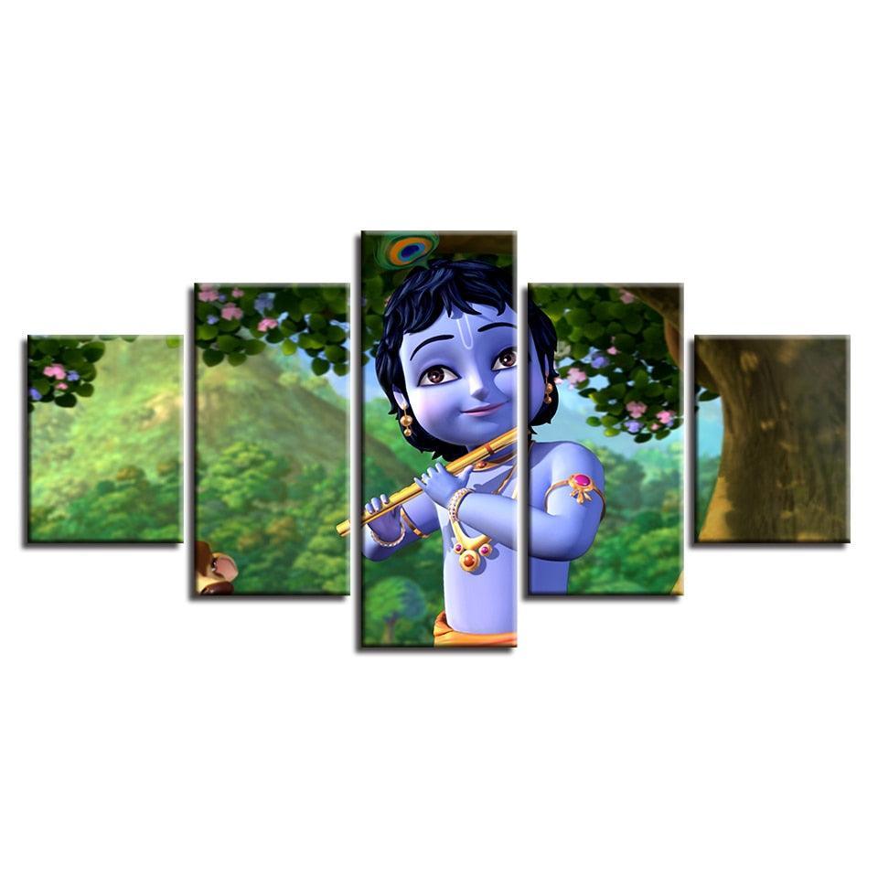 Little Krishna Painting 5 Piece HD Multi Panel Canvas Wall Art Frame-Original Frame