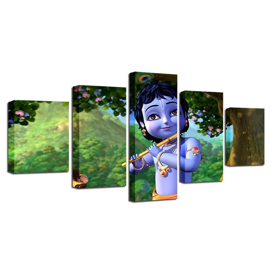Little Krishna Painting 5 Piece HD Multi Panel Canvas Wall Art Frame-Original Frame