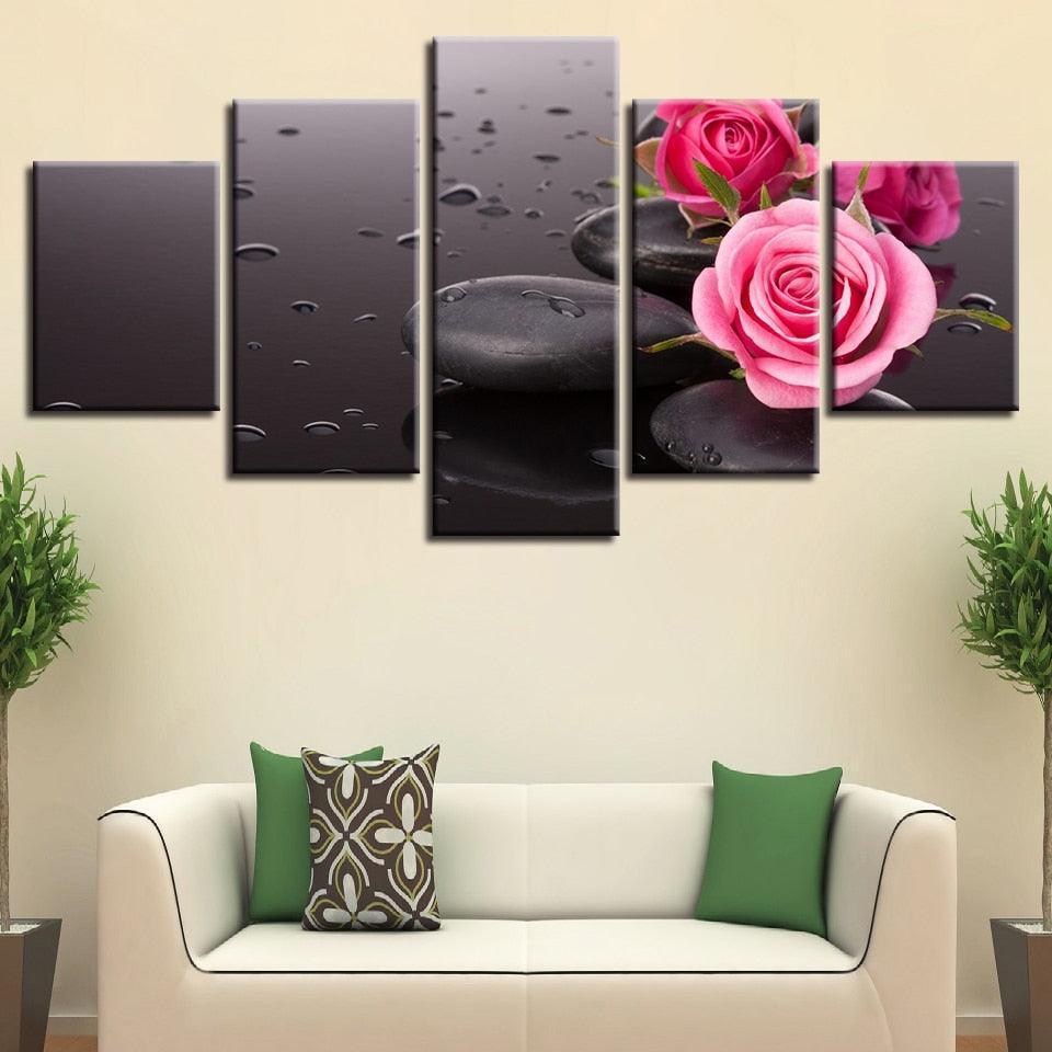 Pink Rose 5 Piece HD Multi Panel Canvas Wall Art Frame-Original Frame