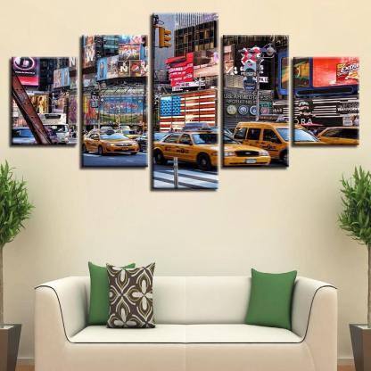 American Bustling City 5 Piece HD Multi Panel Canvas Wall Art Frame-Original Frame