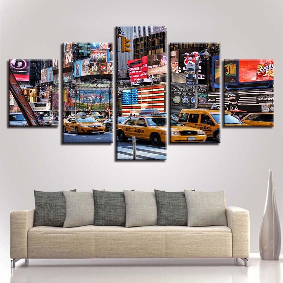 American Bustling City 5 Piece HD Multi Panel Canvas Wall Art Frame-Original Frame