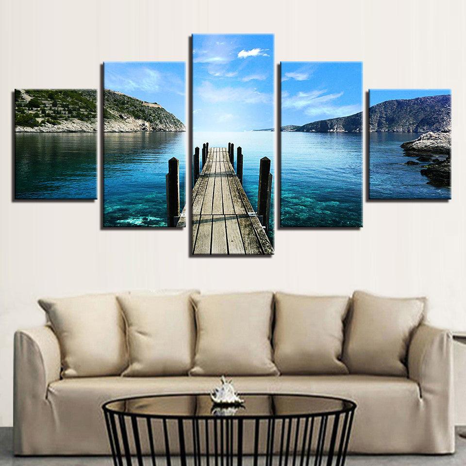 Blue Sky Bridge 5 Piece HD Multi Panel Canvas Wall Art Frame-Original Frame
