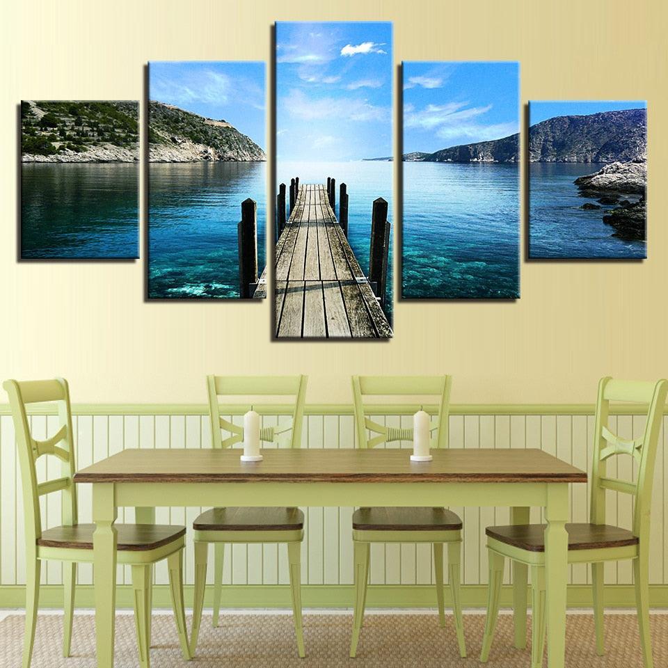 Blue Sky Bridge 5 Piece HD Multi Panel Canvas Wall Art Frame-Original Frame