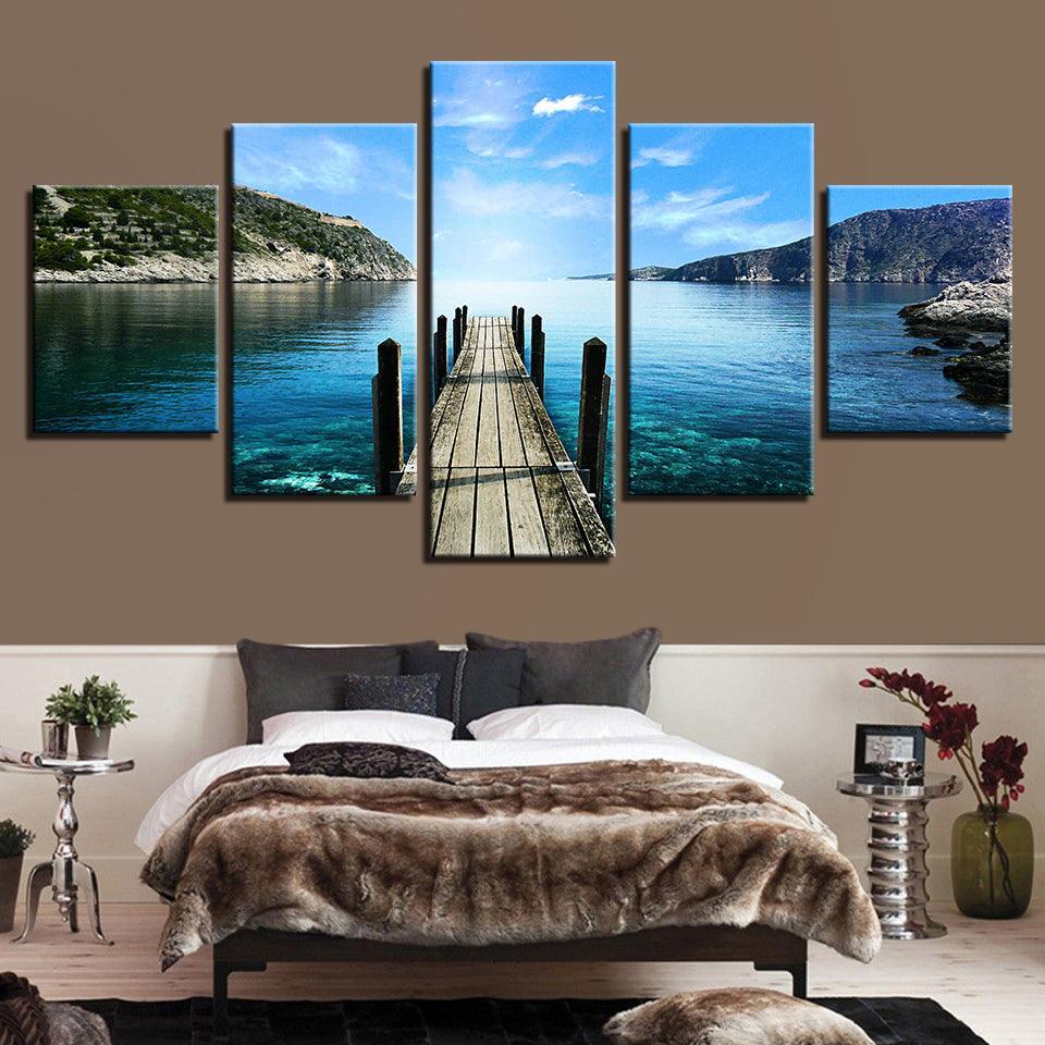 Blue Sky Bridge 5 Piece HD Multi Panel Canvas Wall Art Frame-Original Frame