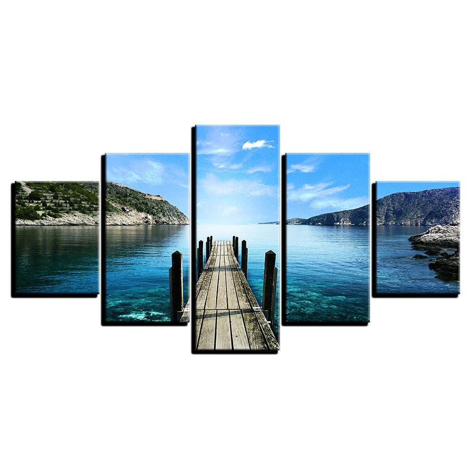 Blue Sky Bridge 5 Piece HD Multi Panel Canvas Wall Art Frame-Original Frame