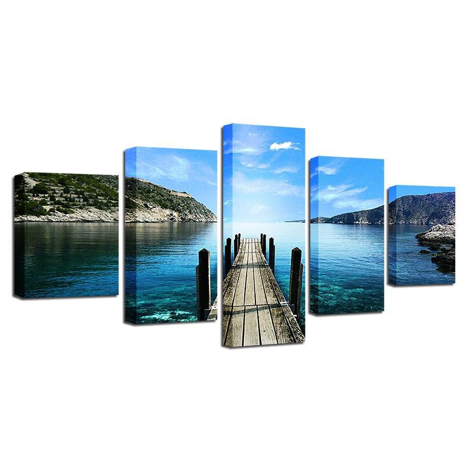 Blue Sky Bridge 5 Piece HD Multi Panel Canvas Wall Art Frame-Original Frame
