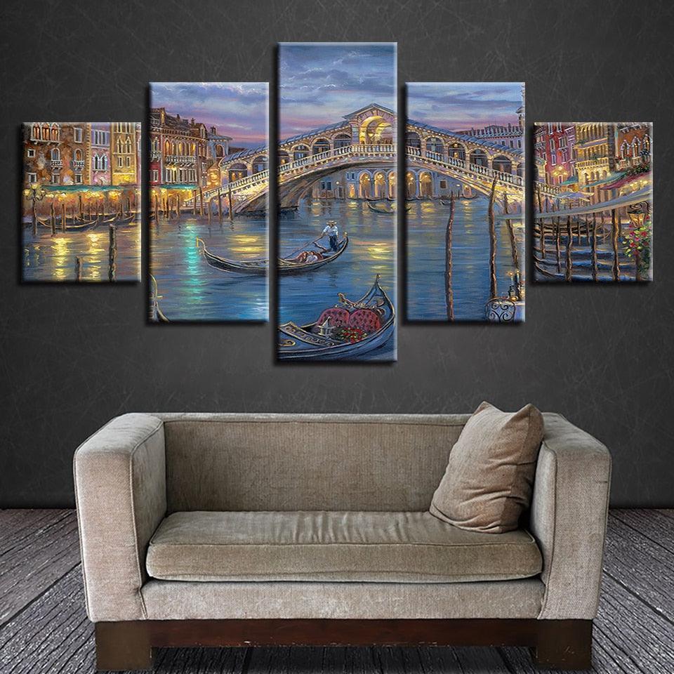 City Venice Bridge 5 Piece HD Multi Panel Canvas Wall Art Frame-Original Frame