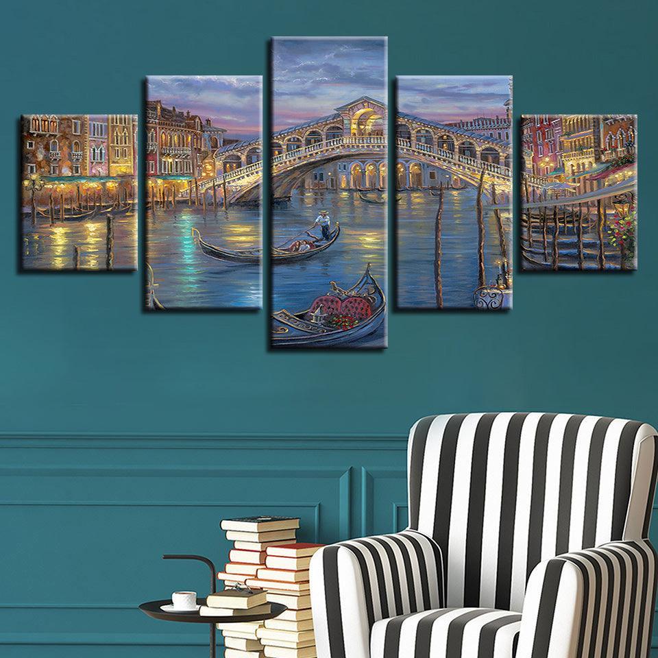 City Venice Bridge 5 Piece HD Multi Panel Canvas Wall Art Frame-Original Frame