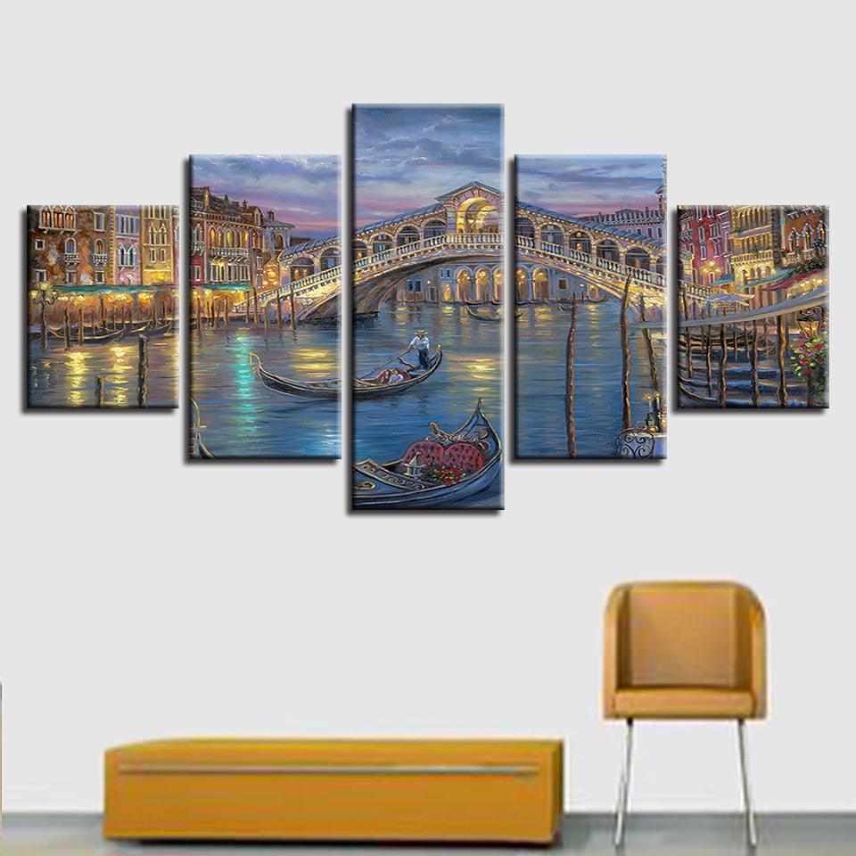 City Venice Bridge 5 Piece HD Multi Panel Canvas Wall Art Frame-Original Frame