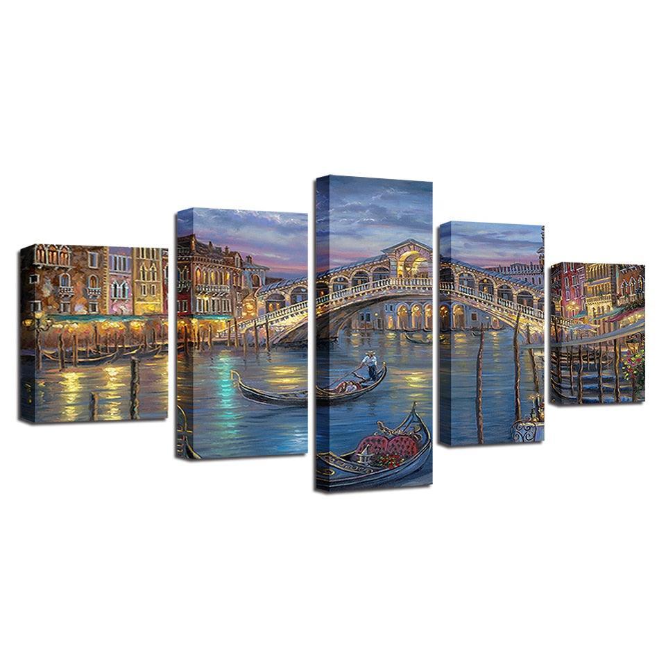 City Venice Bridge 5 Piece HD Multi Panel Canvas Wall Art Frame-Original Frame