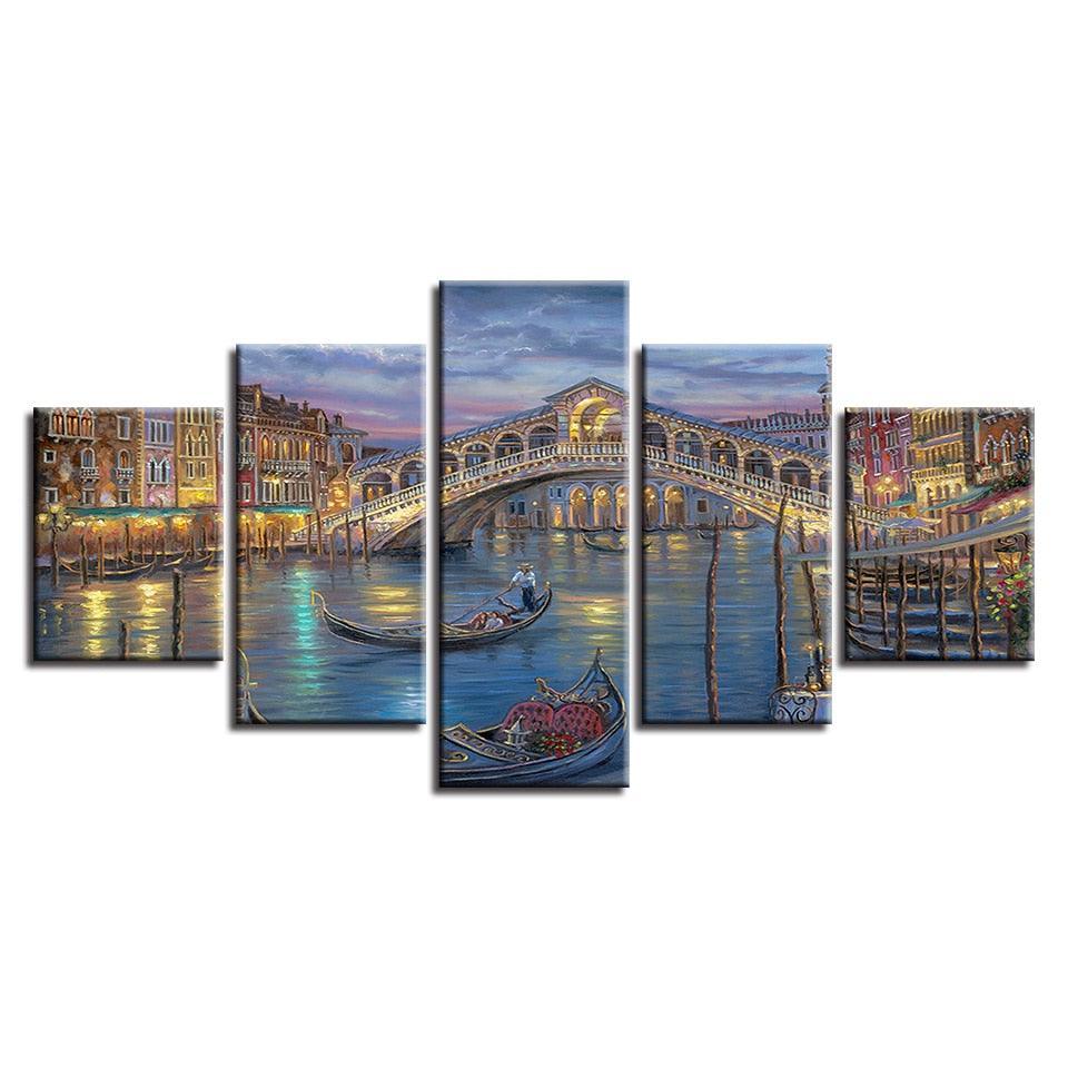City Venice Bridge 5 Piece HD Multi Panel Canvas Wall Art Frame-Original Frame