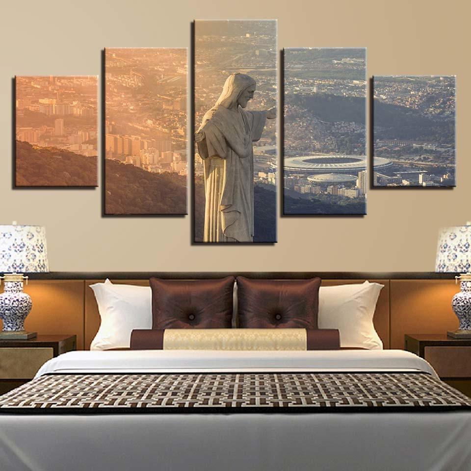 Sunset Cristo Redentor 5 Piece HD Multi Panel Canvas Wall Art Frame-Original Frame