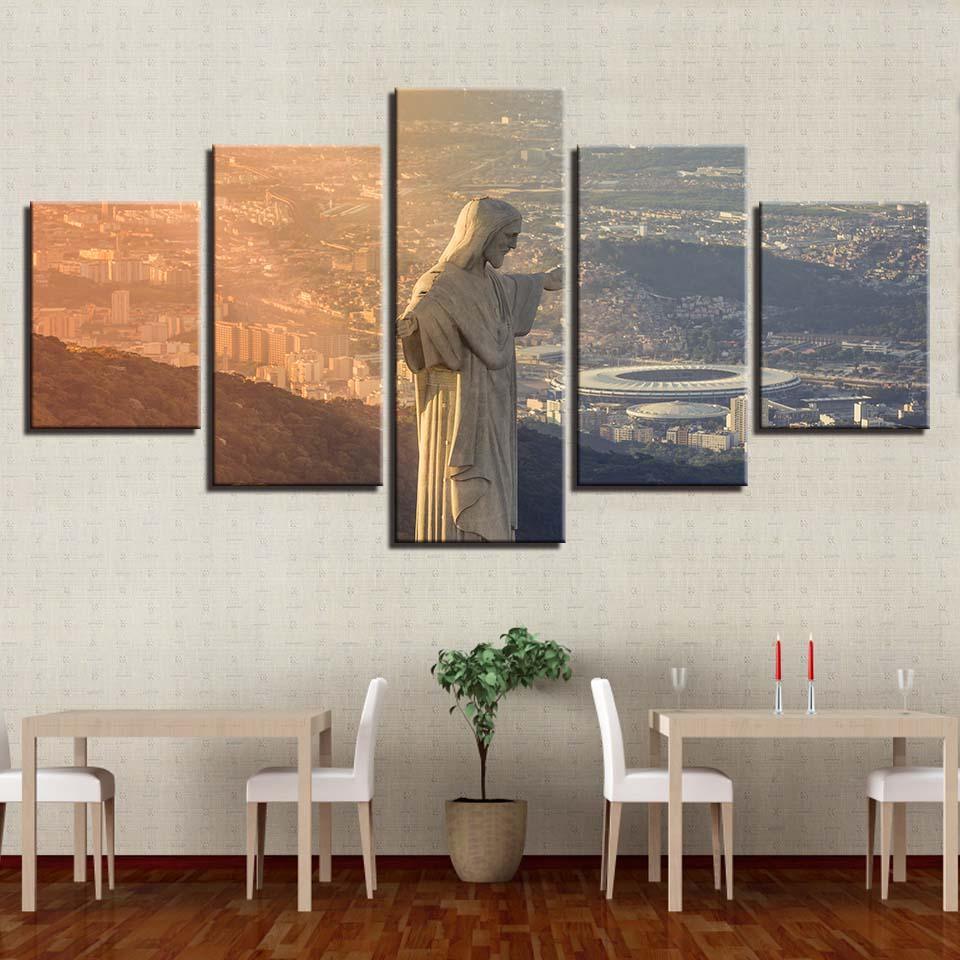 Sunset Cristo Redentor 5 Piece HD Multi Panel Canvas Wall Art Frame-Original Frame