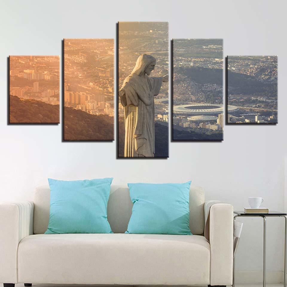Sunset Cristo Redentor 5 Piece HD Multi Panel Canvas Wall Art Frame-Original Frame