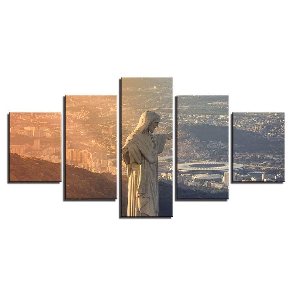 Sunset Cristo Redentor 5 Piece HD Multi Panel Canvas Wall Art Frame-Original Frame