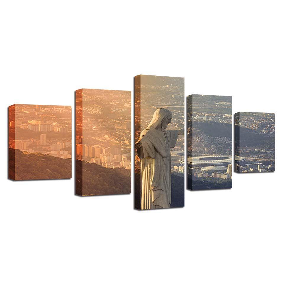Sunset Cristo Redentor 5 Piece HD Multi Panel Canvas Wall Art Frame-Original Frame