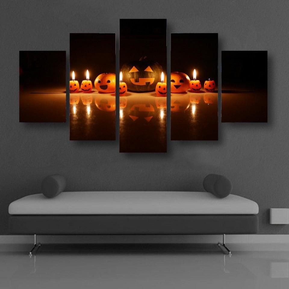 Halloween Carved Pumpkin 5 Piece HD Multi Panel Canvas Wall Art Frame-Original Frame