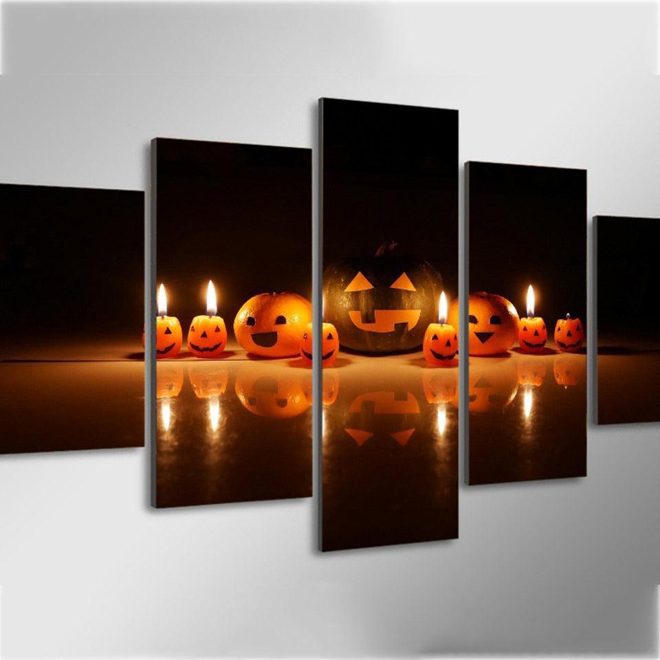 Halloween Carved Pumpkin 5 Piece HD Multi Panel Canvas Wall Art Frame-Original Frame