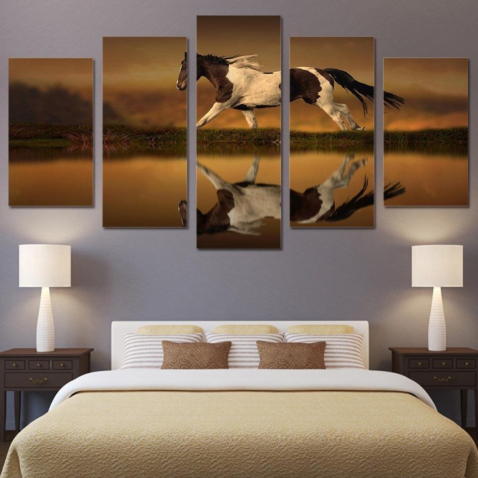 Animal Horse Running 5 Piece HD Multi Panel Canvas Wall Art Frame-Original Frame