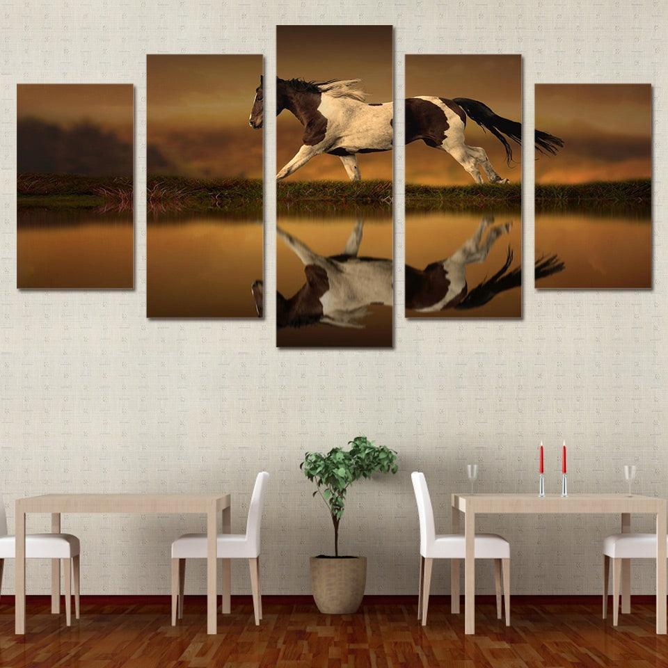Animal Horse Running 5 Piece HD Multi Panel Canvas Wall Art Frame-Original Frame
