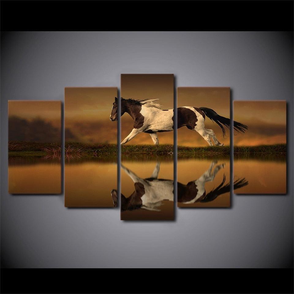 Animal Horse Running 5 Piece HD Multi Panel Canvas Wall Art Frame-Original Frame