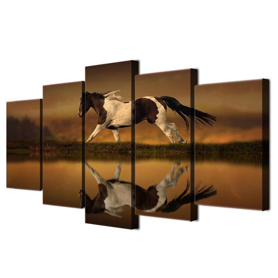 Animal Horse Running 5 Piece HD Multi Panel Canvas Wall Art Frame-Original Frame