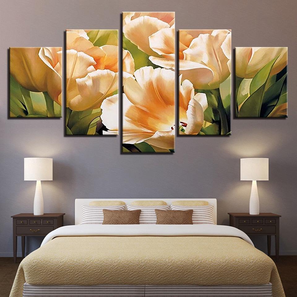 Graceful Champagne Tulips 5 Piece HD Multi Panel Canvas Wall Art Frame-Original Frame