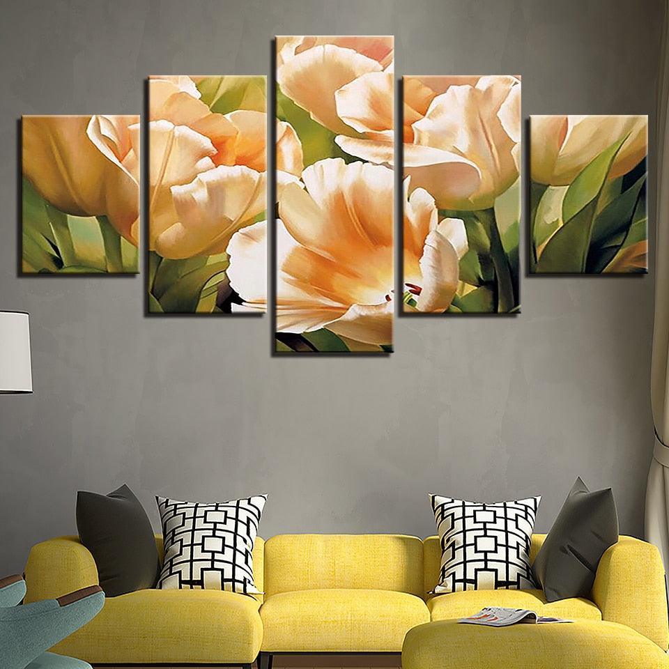 Graceful Champagne Tulips 5 Piece HD Multi Panel Canvas Wall Art Frame-Original Frame