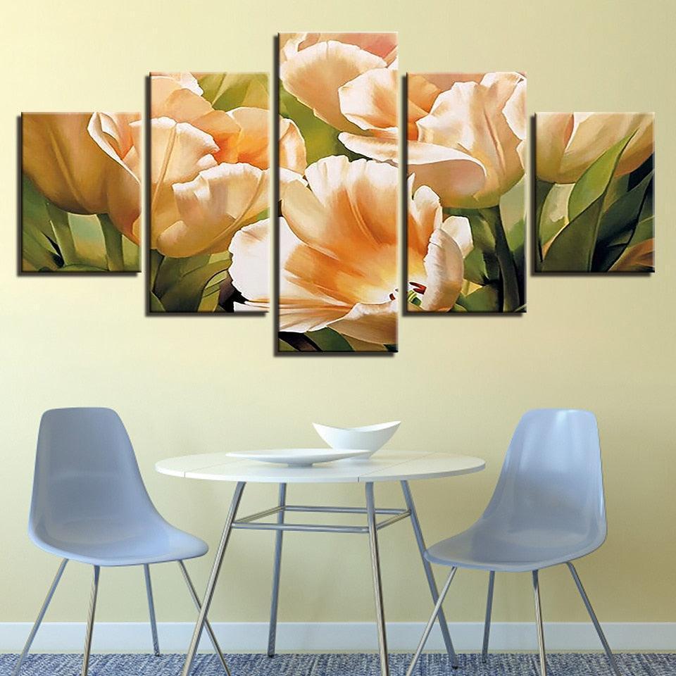 Graceful Champagne Tulips 5 Piece HD Multi Panel Canvas Wall Art Frame-Original Frame