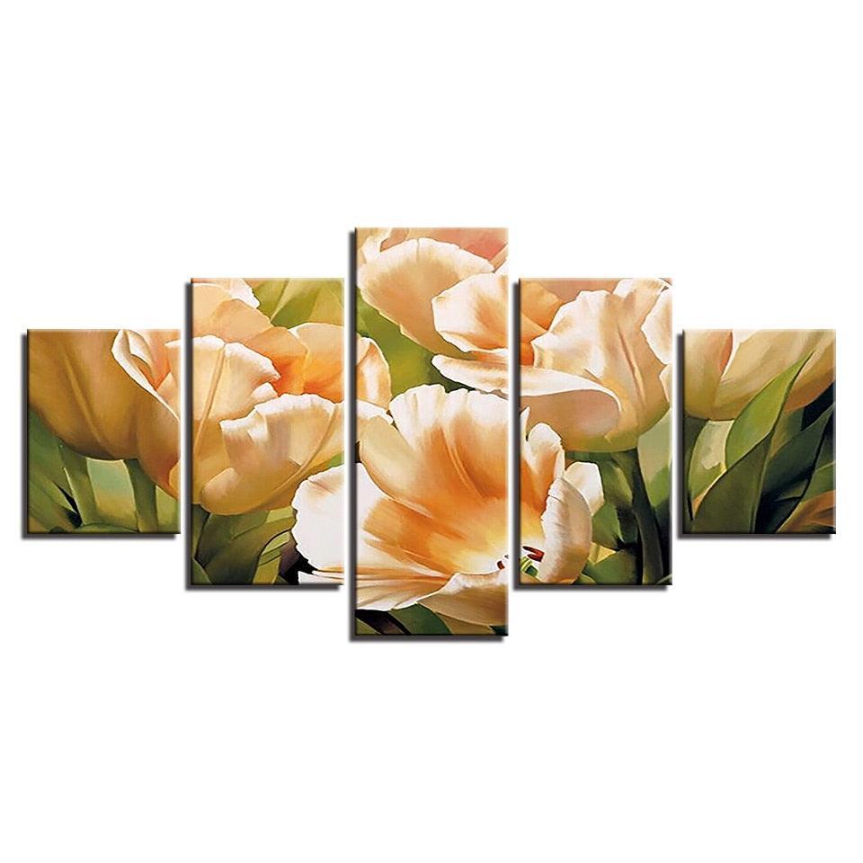 Graceful Champagne Tulips 5 Piece HD Multi Panel Canvas Wall Art Frame-Original Frame