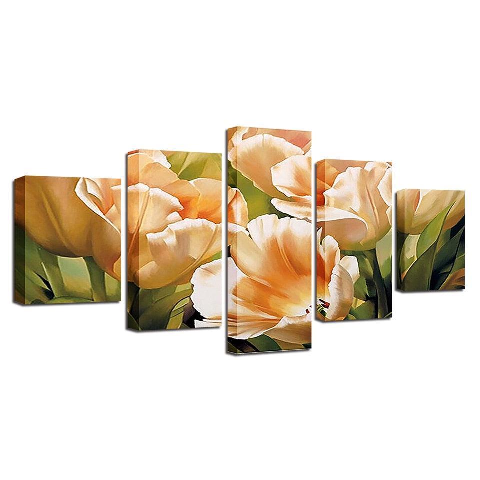 Graceful Champagne Tulips 5 Piece HD Multi Panel Canvas Wall Art Frame-Original Frame