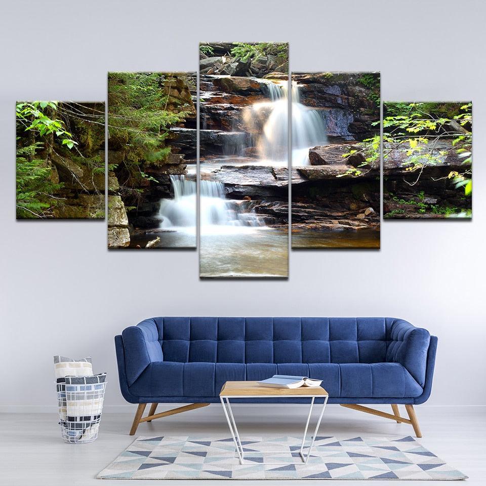 Beautiful Waterfall 5 Piece HD Multi Panel Canvas Wall Art Frame-Original Frame