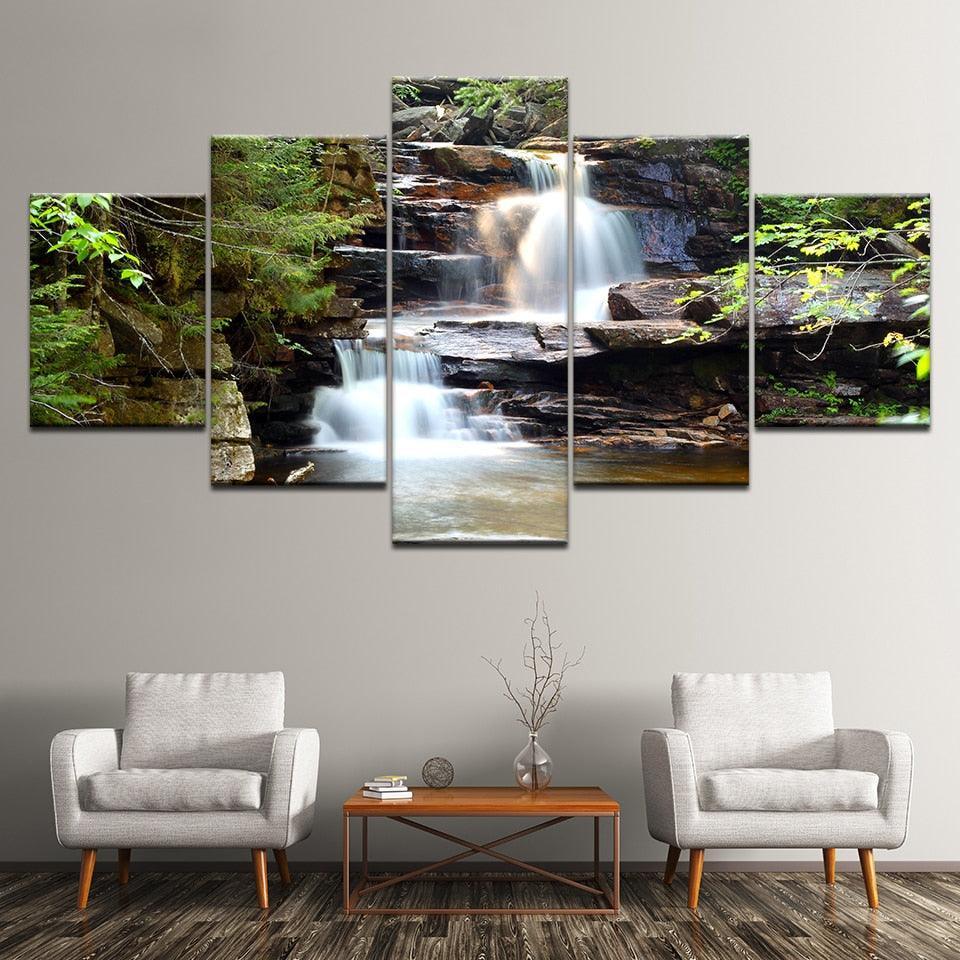 Beautiful Waterfall 5 Piece HD Multi Panel Canvas Wall Art Frame-Original Frame