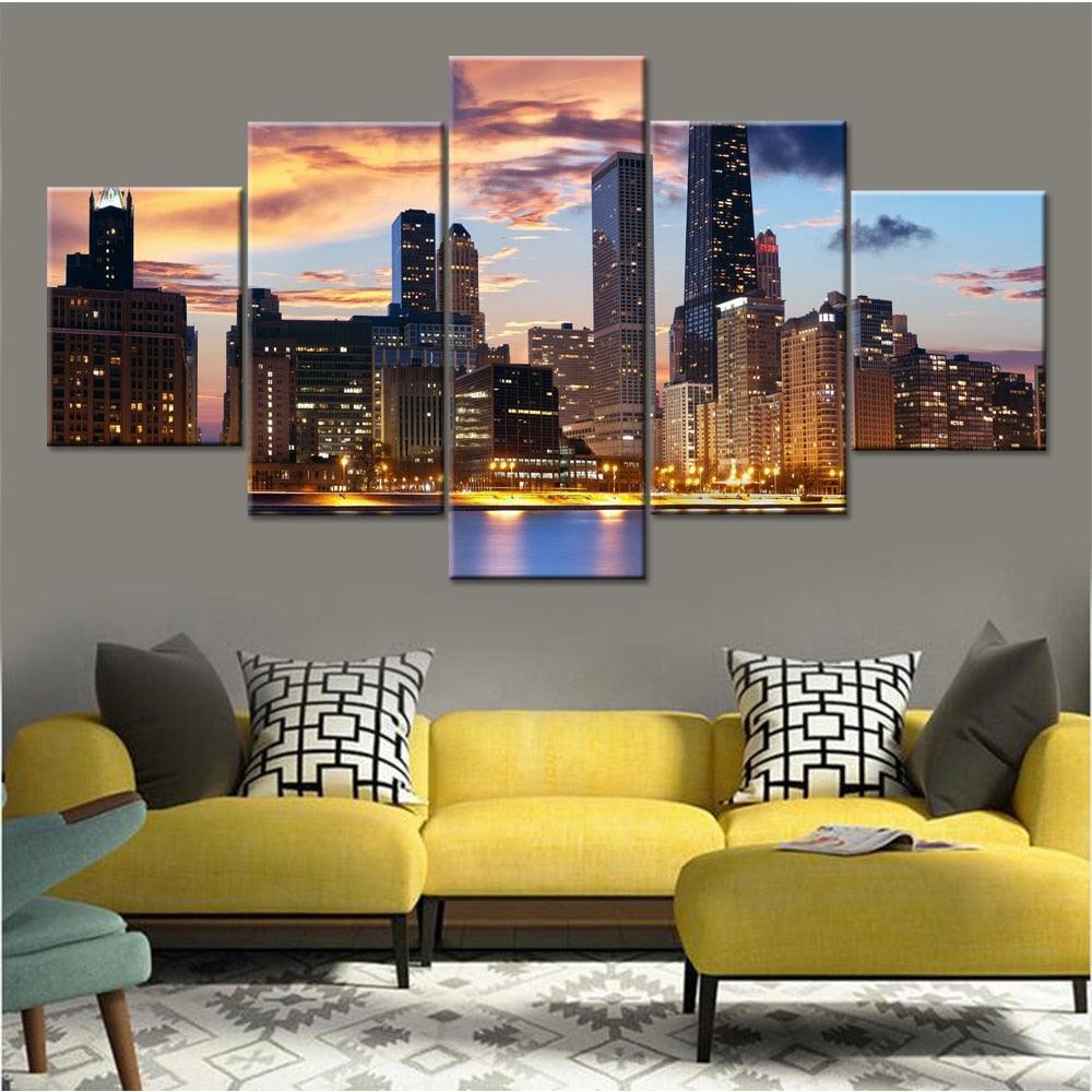 Sunset City Dusk 5 Piece HD Multi Panel Canvas Wall Art Frame-Original Frame