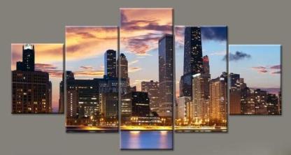 Sunset City Dusk 5 Piece HD Multi Panel Canvas Wall Art Frame-Original Frame