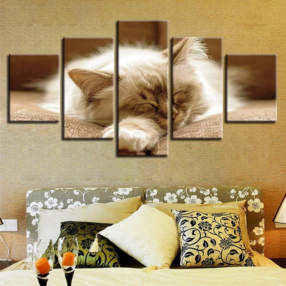 Lazy Sleeping Cat 5 Piece HD Multi Panel Canvas Wall Art Frame-Original Frame