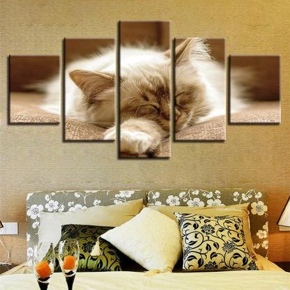 Lazy Sleeping Cat 5 Piece HD Multi Panel Canvas Wall Art Frame-Original Frame