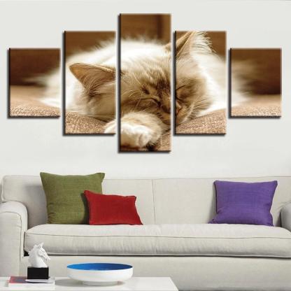 Lazy Sleeping Cat 5 Piece HD Multi Panel Canvas Wall Art Frame-Original Frame