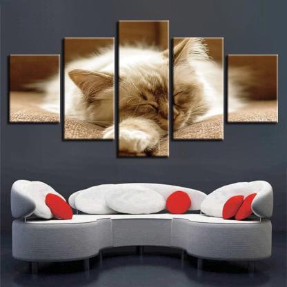 Lazy Sleeping Cat 5 Piece HD Multi Panel Canvas Wall Art Frame-Original Frame