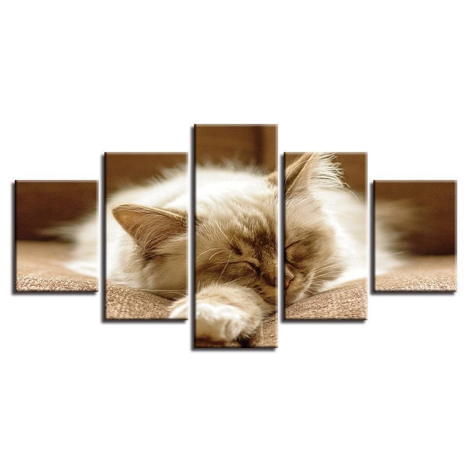 Lazy Sleeping Cat 5 Piece HD Multi Panel Canvas Wall Art Frame-Original Frame
