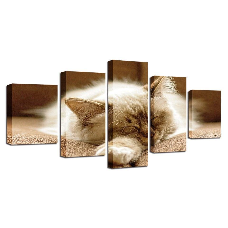 Lazy Sleeping Cat 5 Piece HD Multi Panel Canvas Wall Art Frame-Original Frame