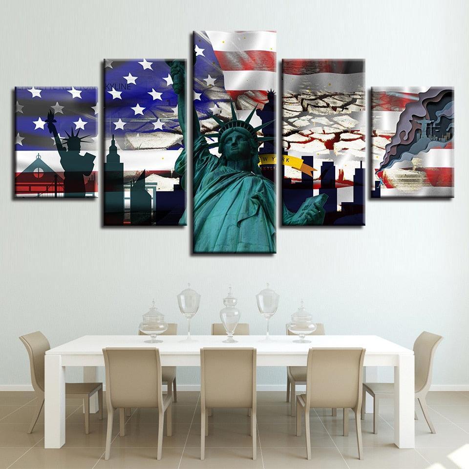 American Flag Statue Of Liberty 5 Piece HD Multi Panel Canvas Wall Art Frame-Original Frame