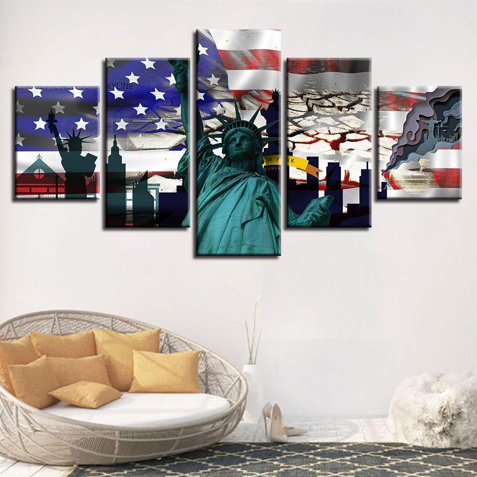 American Flag Statue Of Liberty 5 Piece HD Multi Panel Canvas Wall Art Frame-Original Frame
