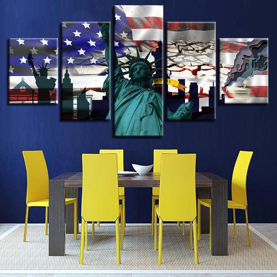 American Flag Statue Of Liberty 5 Piece HD Multi Panel Canvas Wall Art Frame-Original Frame
