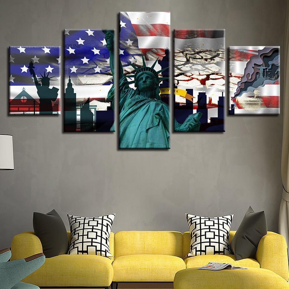 American Flag Statue Of Liberty 5 Piece HD Multi Panel Canvas Wall Art Frame-Original Frame