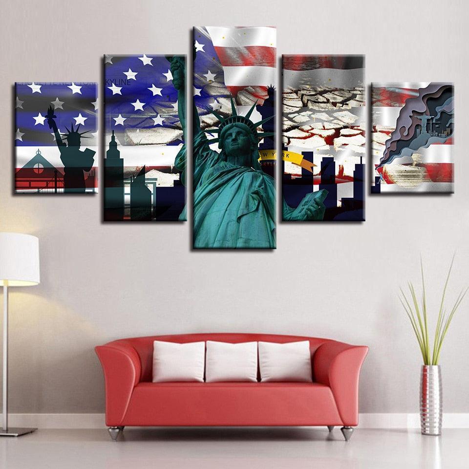 American Flag Statue Of Liberty 5 Piece HD Multi Panel Canvas Wall Art Frame-Original Frame