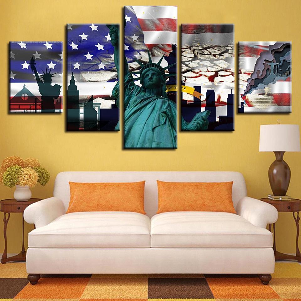 American Flag Statue Of Liberty 5 Piece HD Multi Panel Canvas Wall Art Frame-Original Frame