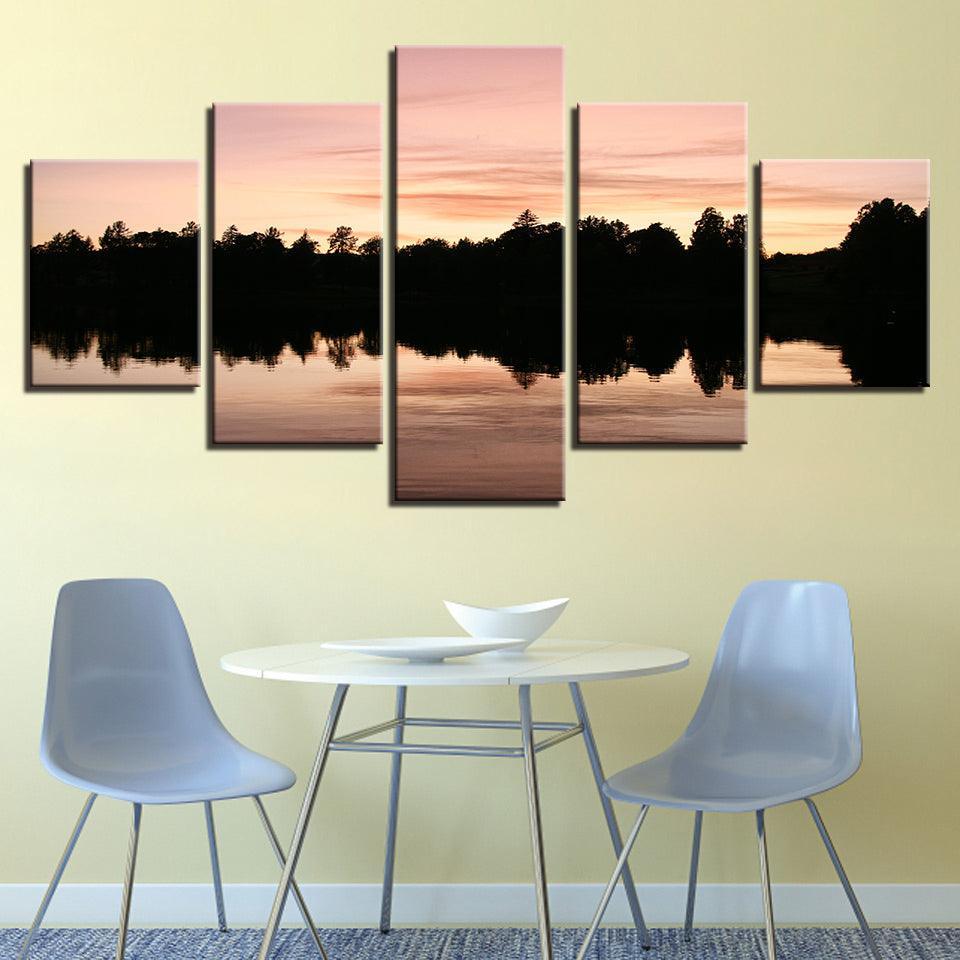 Trees Reflected In The Lake 5 Piece HD Multi Panel Canvas Wall Art Frame-Original Frame